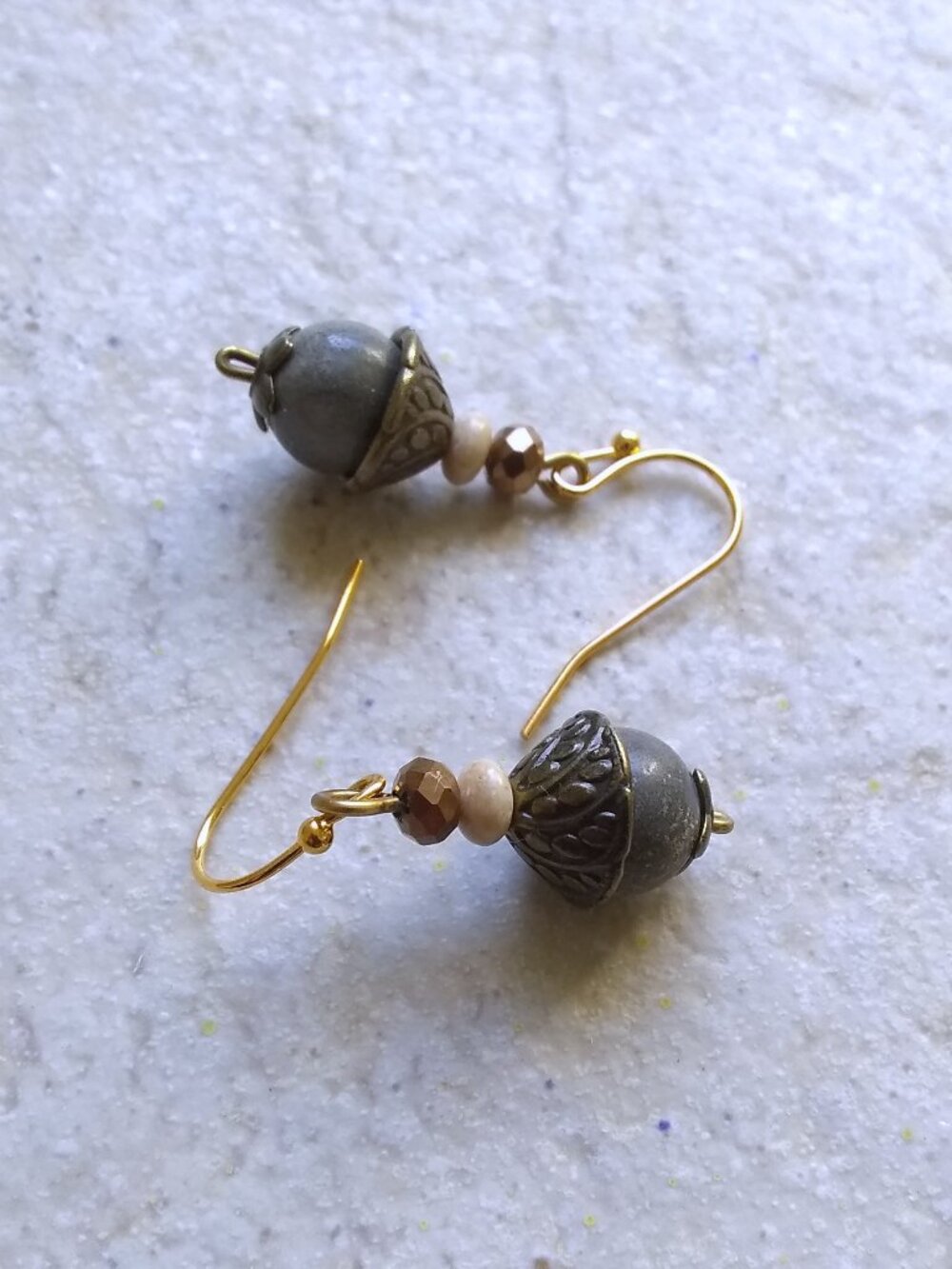 Handmade! Sweet & Short! Fall Drop Earrings! Bronze + Dusky Green Stone Beads